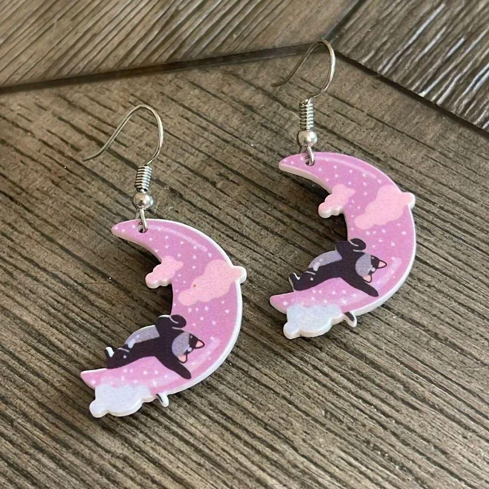 Playful Moon Cat Acrylic Statement Earrings
